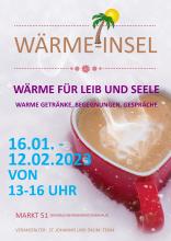 Plakat der Wärme-Insel zeigt eine dampfende Tasse in Herzform